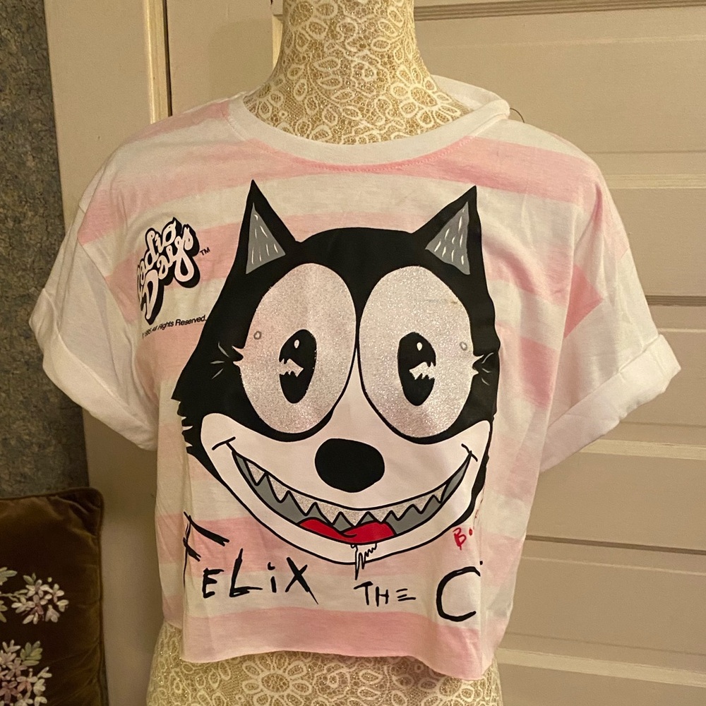Vintage Y2K NWT Felix the Cat pink & white Striped Crop Top Radio Days sz M